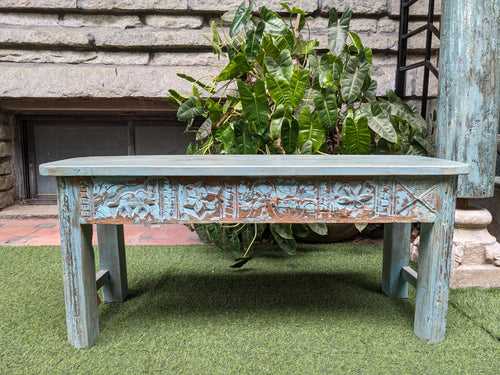 Distressed Blue Bench/Table with carving
