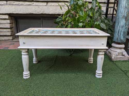 Blue and White Coffee Table with Brass details