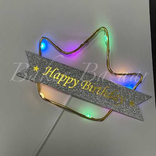 LED Star Happy Birthday Cake Topper - Cake Decorating Topper - Gold