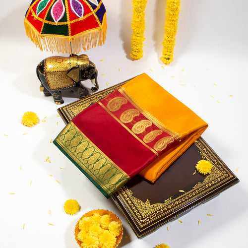 KUBERAN Yellowish Orange WITH Dark Red MYSORE SILK SAREE