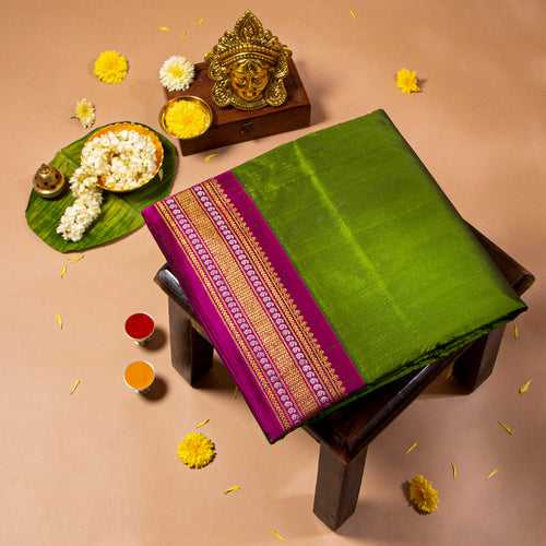 Kuberan Sap Green With Grape Purple 9 Yards Silk Saree