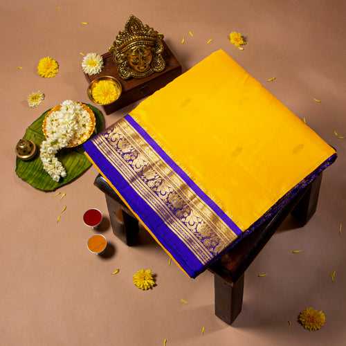 Kuberan Yellow With Blue Purple 9 Yards Silk Saree