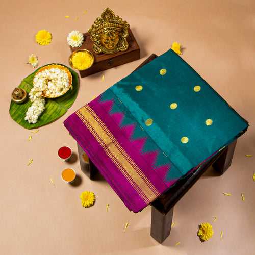 Kuberan Deep Teal With Plum Velvet 9 Yards Silk Saree