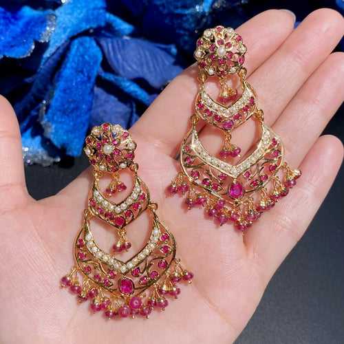 Ruby Pearl Danglers | Gold Plated Jadau Earrings Online | Red Chandbali ER 303E