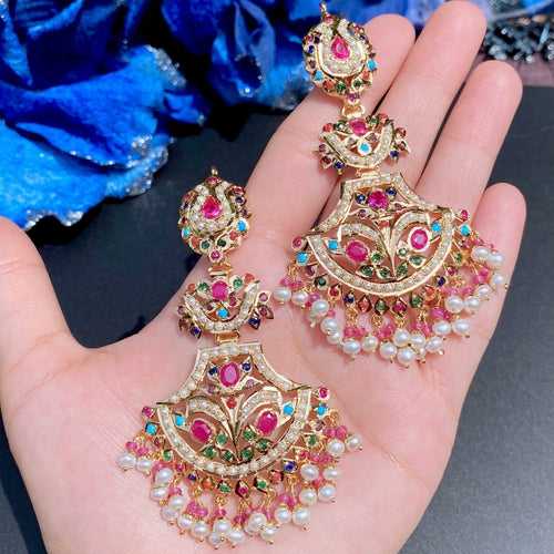 Statement Navratna Earrings | Jadau Danglers in 925 Silver ER 033E