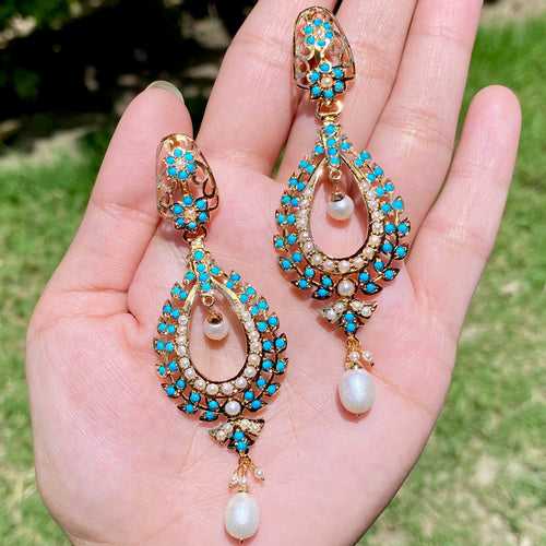 Pearl Drop Earrings with Turquoise | Gold Plated on 925 Silver ER 611