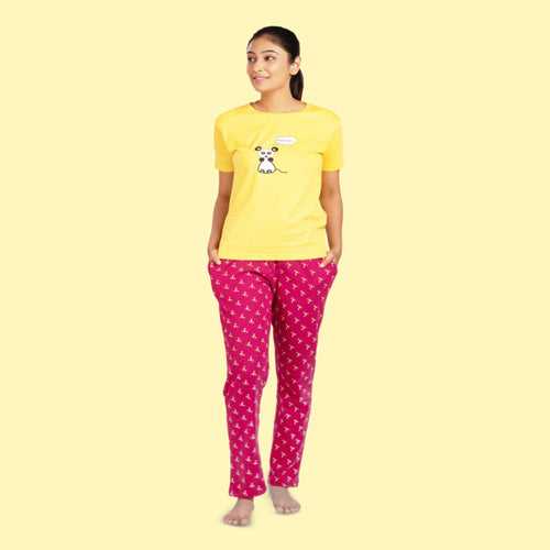 Cotton Night Suit Pajama Set - Yellow & Maroon