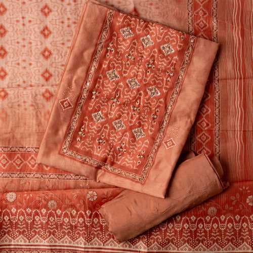 Chanderi SIlk Print Dress Material (Orange)