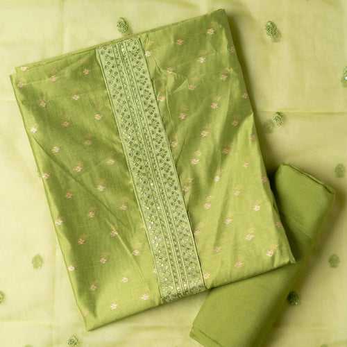 Party Wear Chanderi Silk Dress Material (Parrot Green)