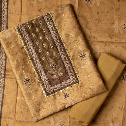 Chanderi Silk Printed and Embroidered Dress Material (Mehendi)