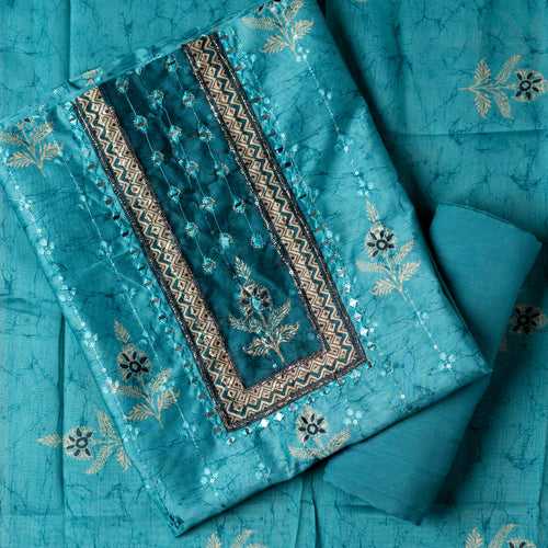 Chanderi Silk Printed and Embroidered Dress Material (Teal Blue)