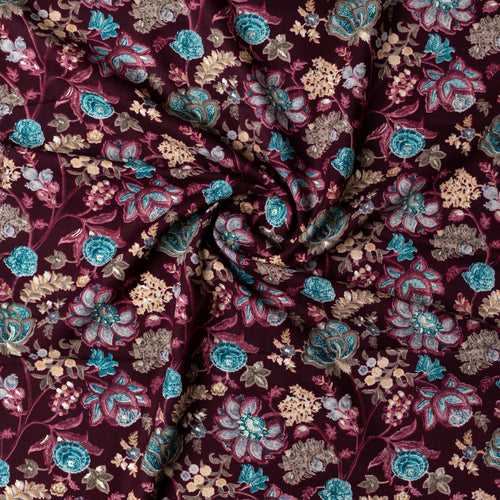 Rayon Gold Color Printed Fabric (Wine Red)
