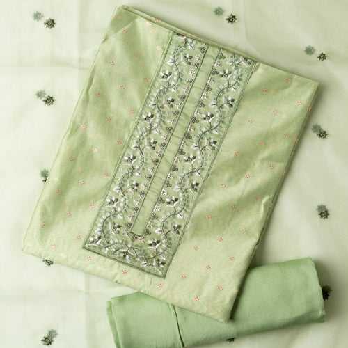 Chanderi Silk Jacquard Weaving Dress Material (Green)
