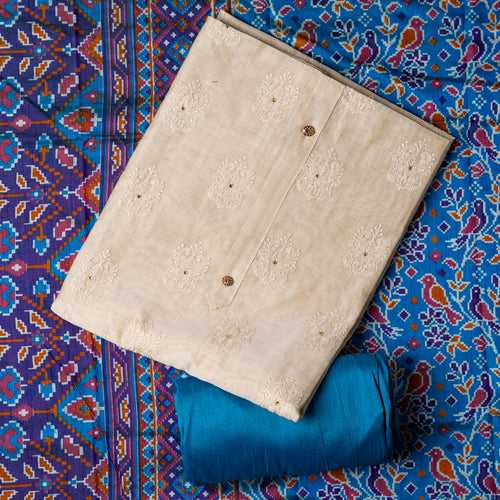 Chanderi Silk Functional Wear Dress Material (Ivory & Teal Blue)