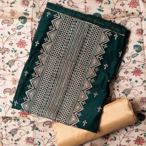 Chanderi Silk Partywear Dress Material (Bottle Green)