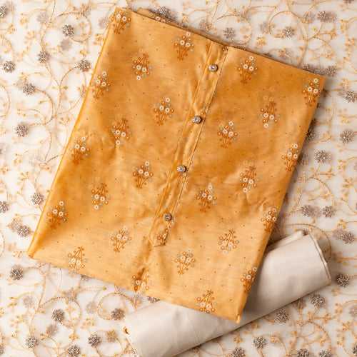 Chanderi Silk Printed Dress Material (Golden)