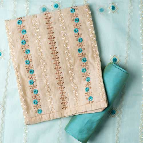 Chanderi Silk Dress Material (Cream & Turquoise)