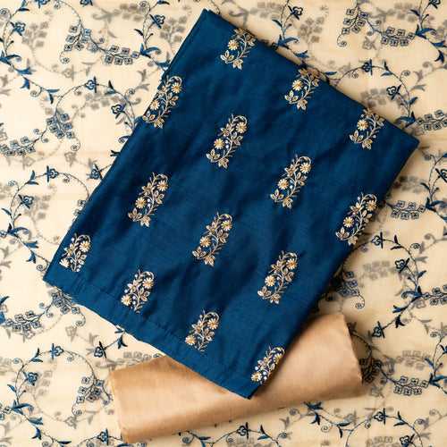 Chanderi Silk Embroidered Dress Material (Blue)
