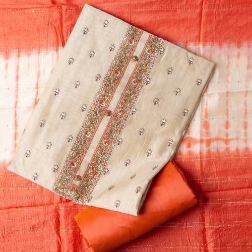Chanderi Silk Embroidery Dress Material (Peach & Ivory)