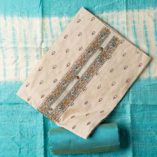 Chanderi Silk Embroidery Dress Material (Sea Green Ivory)