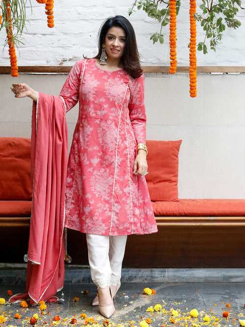 Pink Cotton Print Aline Kurta With Gota and Off-White Lace Flex Pant 3 pc Set with Dupatta