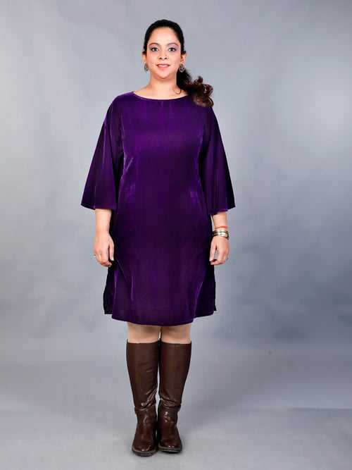 Purple velvet knee length dress with bell sleeves