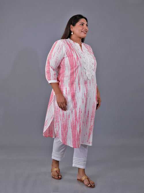 Fabnest Curve Cotton Pink Shibori Printed Straight Kurta Only With Lace At Front Placket