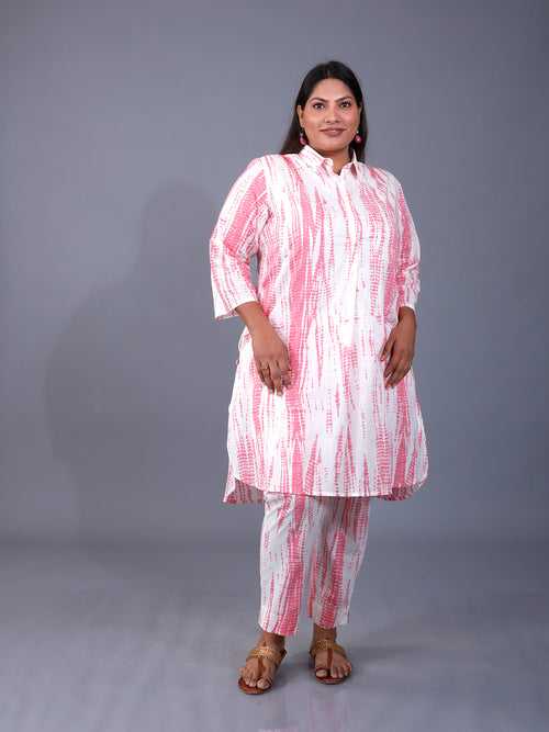 Fabnest Curve Coord Set Of Pink Cotton Shibori Printed Cotton Loose fit Kurta And Matching Pants