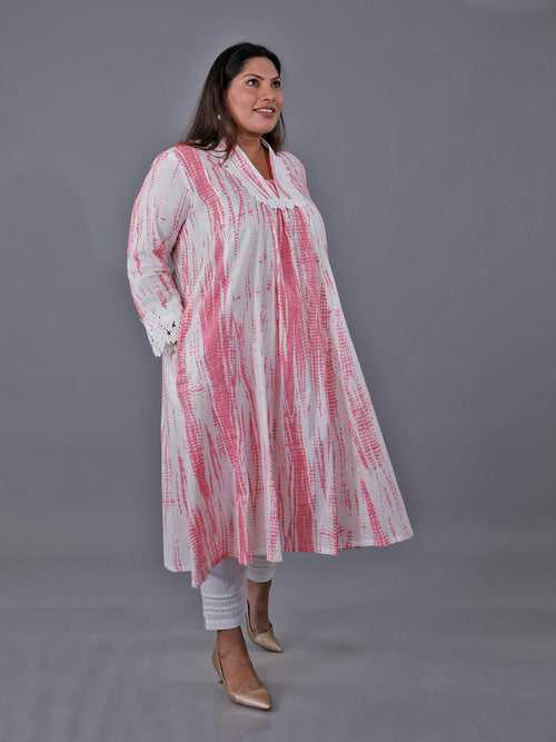 Fabnest Curve Pink Cotton Shibori V-Neck Kurta Only With Lace At Neck