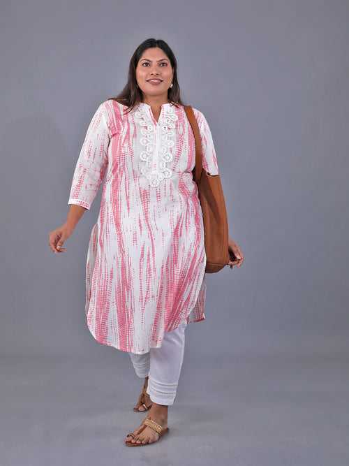 Fabnest Curve Set Of Cotton Pink Shibori Printed Straight Kurta With Lace At Front Placket And White Cotton Straight Pants With Lace Inserts