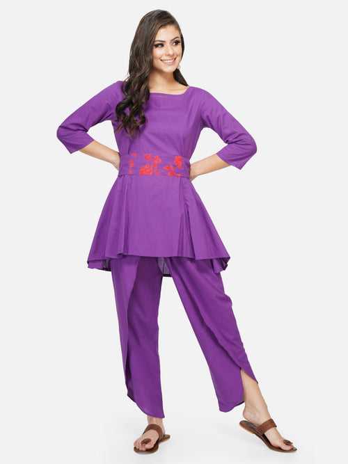 Cotton purple peplum tunic with a printed tie up paired with overlapping dhoti style pants