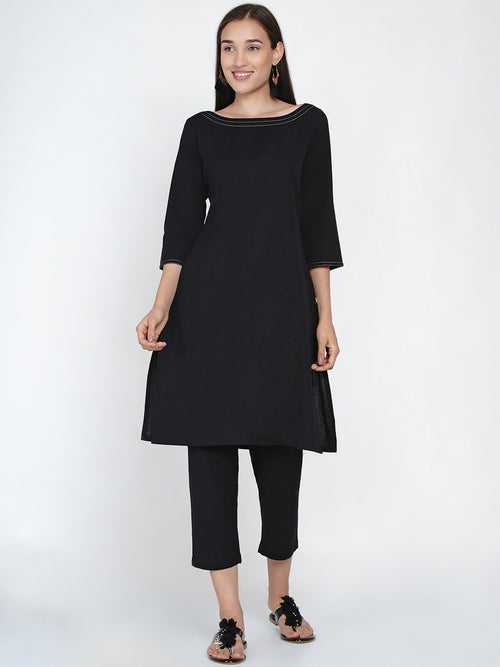 Black cotton with contrast top stitch at neck and sleeve with lace at back inverted pleat A line kurta ONLY