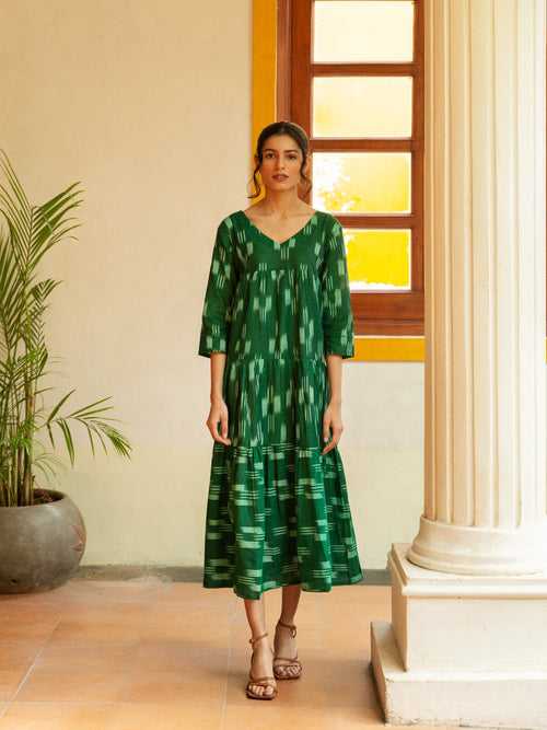 Handloom cotton ikat green tiered dress
