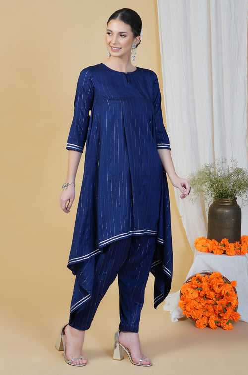 Navy blue linen cotton self design lurex asymmetrical kurta and straight salwar with gota work