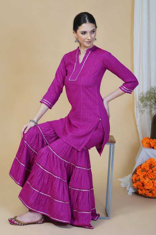 Pink linen cotton self design lurex short kurta and sharara set with gota work