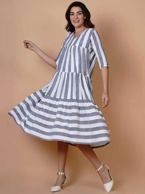 Fabnest White and blue stripe v neck tiered dress