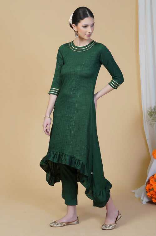Green linen cotton self design lurex high low frilled kurta with petal pants
