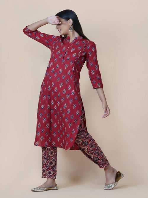 2 pc set of cotton red ajrakh print pintucked kurta and pleated bottom pants