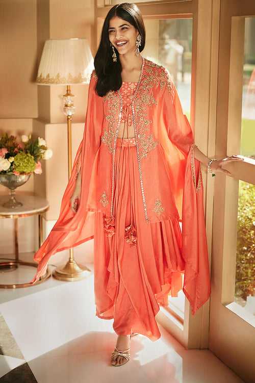 Hibiscus Coral Aurora Dhoti Cape Set