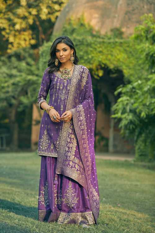 Purple Sharara Suit With Dhara Banarasi Dupatta