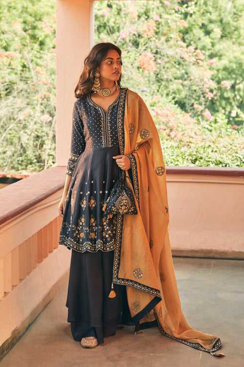 Neelani Scallop Hem Sharara Set With Dhara Dupatta