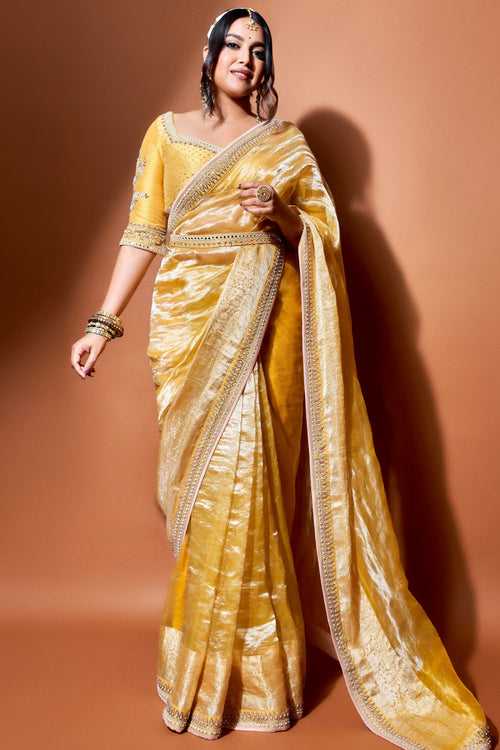 Haldi Yellow Sunaina Wrinkled Tissue Saree