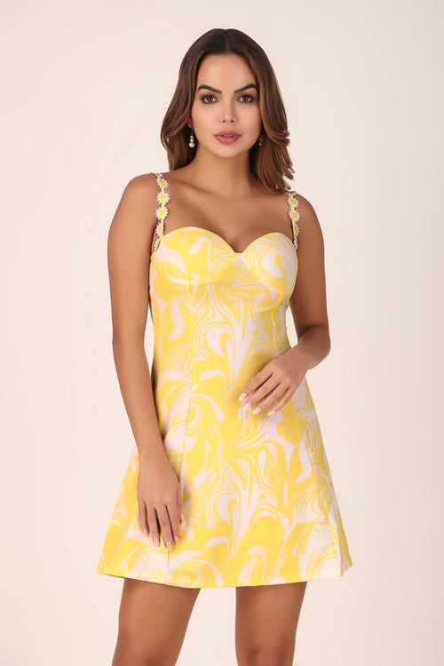 Floral Lace Cupped Dress - Yellow