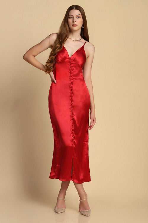 Buttoned Satin Dress - Red