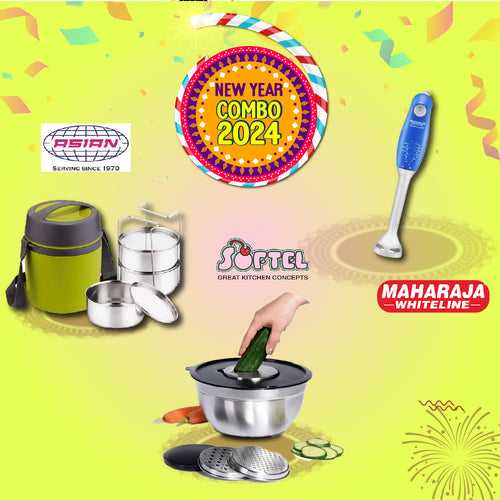 COMBO2024 - Maharaja Speedmix Super Hand Blender + Softel Multifunctional German Bowl + Asian Happy Meal 3 Container Lunch Box | Set of 3 Pcs