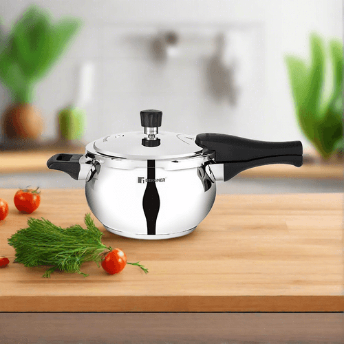 Bergner Pura Belly Shape Stainless Steel Outer Lid Pressure Cooker | Gas & Induction Compatible | Silver