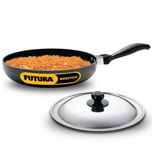 Hawkins Futura Nonstick 26 cm Rounded Sides Frying Pan with Stainless Steel Lid | Black