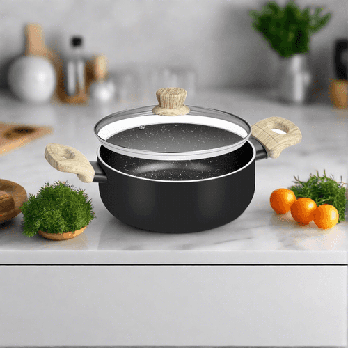 Bergner Bellini Aura Black Non Stick Casserole with Glass Lid | Gas & Induction Compatible | Black | 1 Pc