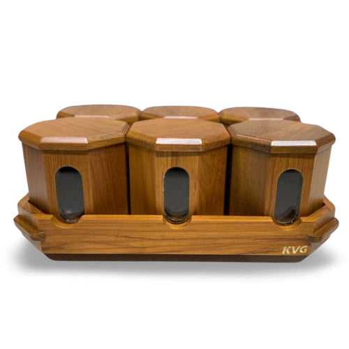 KVG Teak Wood Hax 6 Pcs Mukhwas Container With Tray | Brown