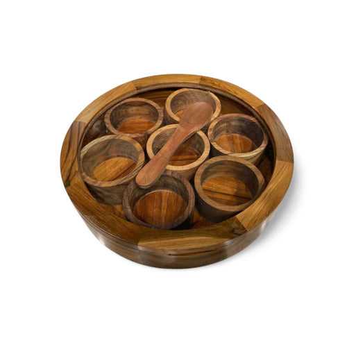 KVG Rose Wood Round Spice Box with 7 Compartment with Spoon| Brown
